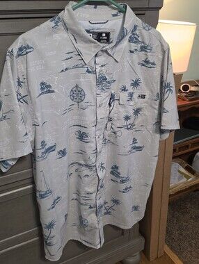 Salty Crew Light Gray Short Sleeve Button-Up with Blue Nautical Print